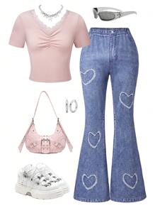 SHEIN 2pcs Set Teens Girls Casual Lovely Lace Trim Striped Short Sleeve T-Shirt And Heart Print Flared Pants Outfit, Suitable For Leisure Outdoor - Multicolor - View 8