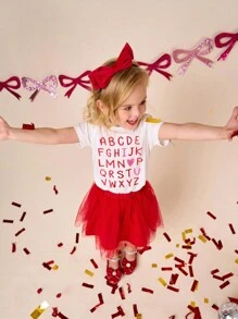 SHEIN 2件套少女情人节/开学100天纪念图案T恤和网纱泡泡裙，2025夏季时尚，可爱甜美 - 紅色 - 查看 5