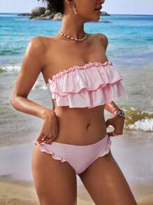 Swim Mod Summer Vacation Ruffle Edge Strapless Bikini Set - Pink - View 4
