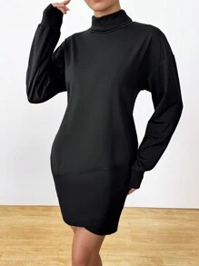 Zolique Robe mi-longue à manches longues col montant avec ourlet asymétrique - Noir - Voir 4