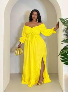 Veslaya Đầm dài không tay màu vàng cỡ lớn, trễ vai, có bèo nhún ở gấu, trang phục thường ngày đa năng, phù hợp cho mùa xuân/hè, đi biển, phong cách boho, tiệc tùng, miền Tây, lễ Phục sinh, kỳ nghỉ. - Màu vàng - Xem 3