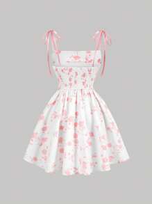 SHEIN MOD 布里奇顿风格浅粉色和白色花卉印花吊带连衣裙，V 领，腰带和褶皱，派对礼服，布里奇顿风格，舒适连衣裙，挤奶女工连衣裙 - 淺粉色 - 查看 2