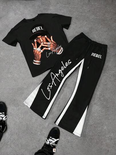 Manfinity EMRG 男士圆领短袖人字印花简约上衣和裤子套装