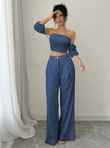 Elenzga 2pcs Women Solid Color Crop Top And Casual Long Pants Set - Blue - View 5