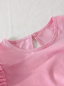 Girls' Simple Cute Fashion Round Neck Puff Sleeve High Waist Frill Bow Solid Color Midi Dress For Summer - Pink - View 5