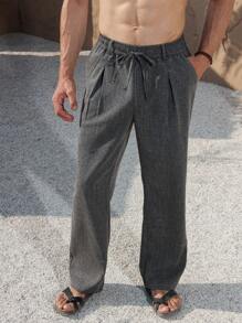 Manfinity Nomadique Pantalones casuales rectos con pernera recta, cintura con corbata y bolsillos para hombre
