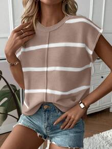 SHEIN LUNE Chaleco de punto holgado de cuello redondo y hombros caídos sin mangas para mujer; jersey de rayas de contraste de moda sin mangas, otoño/invierno