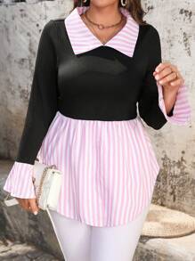 Calvaya Lange mouw gestreepte kraag patchwork plus size dames gebreide top