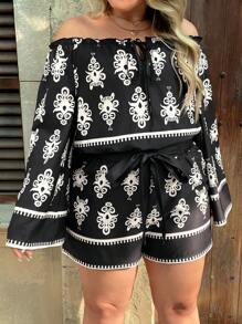 SHEIN VCAY Plus Size Black And White Print Off Shoulder Long Sleeve Top & Loose Shorts 2 Pieces Set,Elegant Boho Autumn Vacation Holiday Summer Beach Outfits - Black - View 4