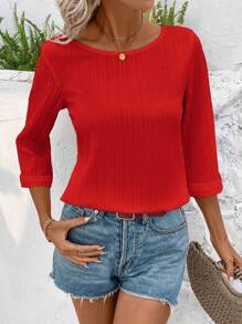 EMERY ROSE Women's Casual Red Rib-Knit Round Neck Three Quarter Length Sleeve Top - Red - View 5