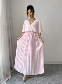 Elenzga Elegant Party, New Year, Valentine's Day Wearable Pink Butterfly Sleeve Pleated Cinched Waist A-Line Crossover V-Neck Backless Dress For Women, For Graduation