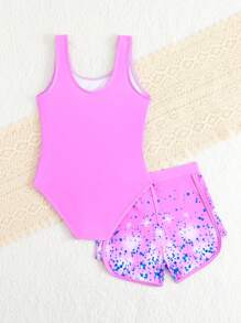 Young Girl Geometric Print Tankini Swimsuit With Beach Shorts - Hot Pink - View 2