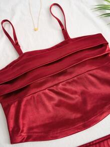 2pcs Set Women's Wine Red Satin Strapless Cropped Top & Ruched Bodycon Skirt - Burgundy - View 3