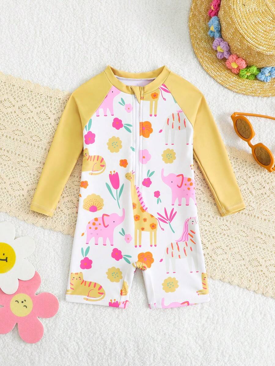 SHEIN Baby Girl Swimsuit/ Random Print/ One-Piece Swimshorts - Multicolor - View 1