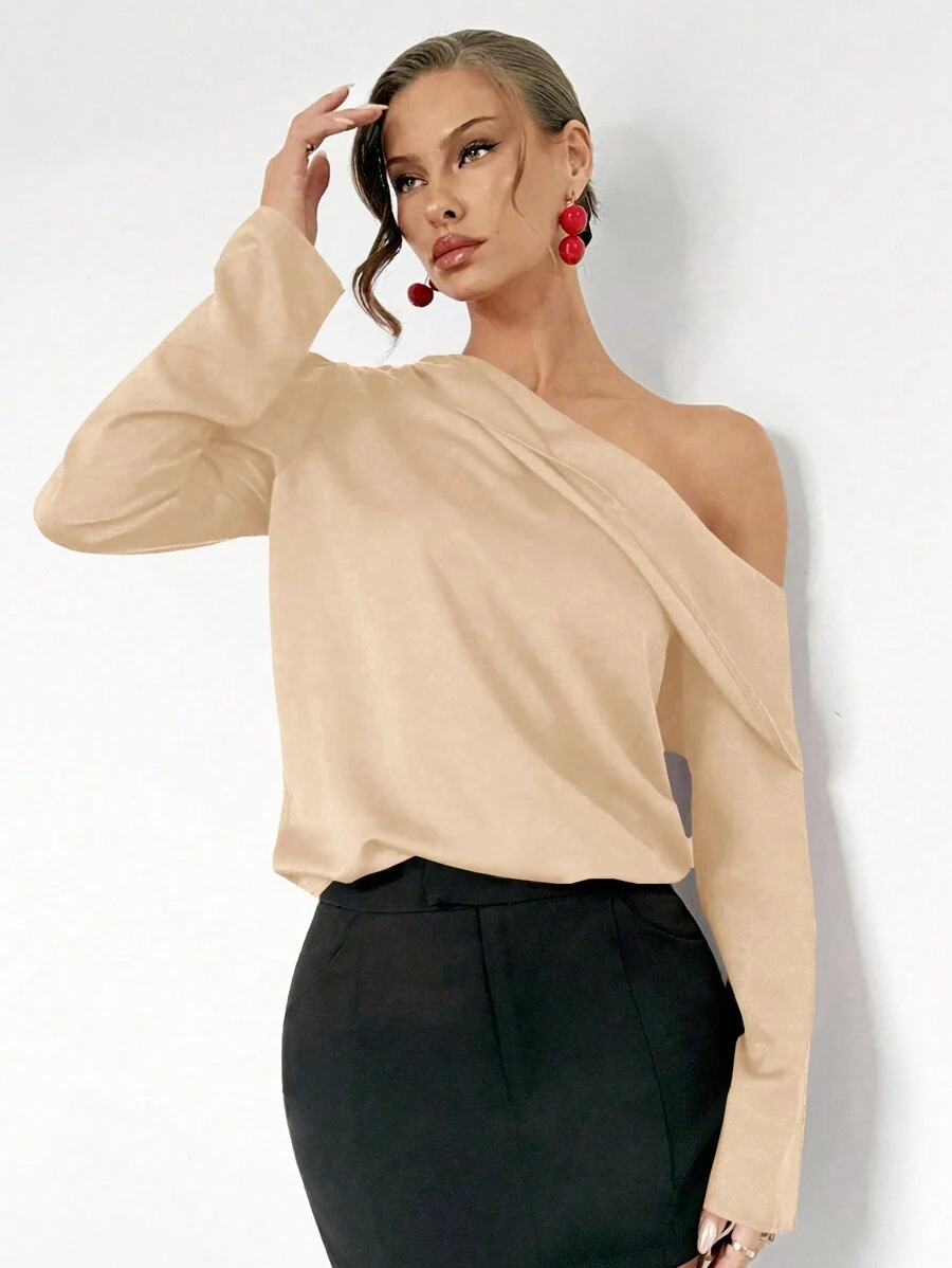 Roylia 纯色不对称领缎面办公室正式长袖衬衫新年衣服单肩上衣 - 杏色 - 查看 1