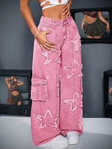 SHEIN ICON 女式前扣口袋五角星磨边下摆休闲牛仔裤 - 粉色 - 查看 3
