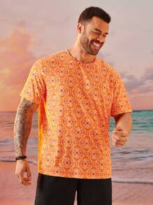 EASEVO Plus Size Men Casual Printed Short Sleeve Crew Neck Knit T-Shirt - Orange - View 4