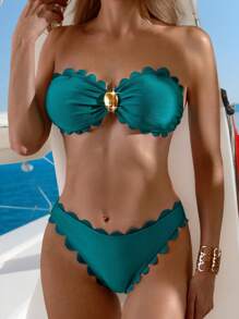 Summer Elegant Minimalist Solid Color Halter Floral Trim Top With Metal Decor & Floral Triangle Bottoms Set - Green - View 8