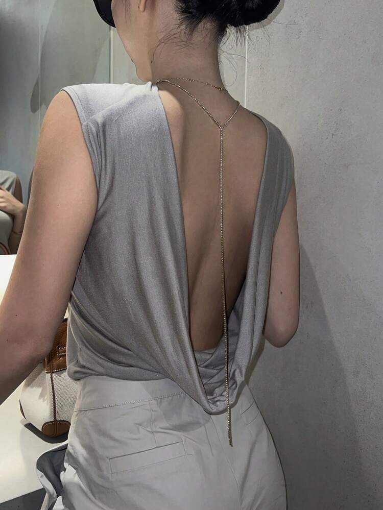 Women's Backless Rhinestone Chain Decor, Halter Top