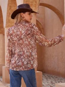 Aveloria Modichic Floral Print Ruffle Trim Chiffon Blouse  - Coffee Brown - View 4