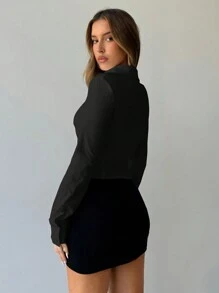 Aloruh 女士秋冬新款办公室通勤休闲尖头下摆胸褶立领单排扣前开合身长袖白色衬衫 - 黑色 - 查看 6