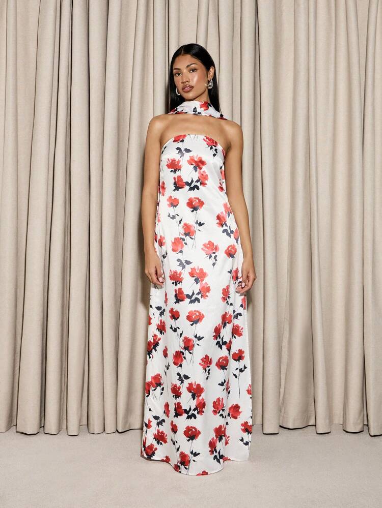 AiiRZ Vestido maxi de flores elegante con cuello alto y diseño de halter sin tirantes, vestido de gala perfecto para invitado de boda, fiesta de jardín de verano u ocasión especial