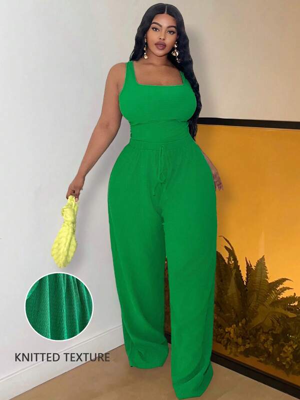 Slaydiva 2 buc/Set Femei Dimensiune Plus de bază Casual fără mâneci Top adunat și pantaloni cu picioare largi Ținută de vară tricotată