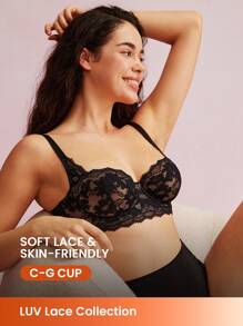LUVLETTE 女士内衣休闲曲线半罩杯聚拢透气钢圈性感无衬里黑色蕾丝优雅网眼迷你文胸新娘内衣