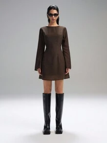 LYSMO Backless Tie-Back Bell Sleeve Mini Dress- Spring/Summer Vacation-2025New Arrival - Coffee - View 3