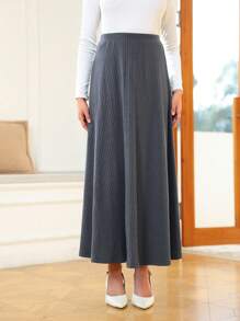 SHEIN Clasi Simple Solid Color Oversized Swing Ribbed Knit Grey Maxi Skirt, Casual & Fashionable For Everyday Wear Fall Cloth For Women - Dark Grey - View 4
