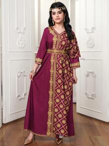 V-Neck Retro Print Dress & Scarf Set For Teen Girls - Purple - View 4