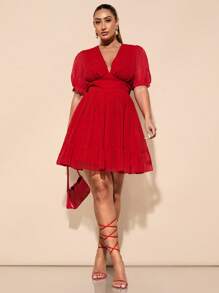 SHEIN BAE Robe d'été/printemps élégante et décontractée pour femmes grandes tailles, manches bouffantes rouges, col V, coupe évasée. Robe mini chic, ajustée à la taille, robe en mousseline à pois. Robe de graduation, robe invitée de mariage, robe de soirée