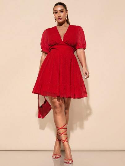 SHEIN BAE Plus Size Women's Spring/Summer Casual Elegant Red Puff Sleeve A-Line V-Neck Dress, Chic Mini Dress, Waist-Fitted, Chiffon Polka Dot Dress, Graduation Dress, Wedding Guest Dress, Party Dress, Evening Dress,Birthday Dresses For Women