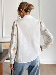 SHEIN Frenchy Women's White Floral Elegant Everyday Blouse,Autumn Casual Patchwork Long-Sleeved Shirt,Spring/Summer Sleeves Positioning Print Lapel Blouse,Flower - Multicolor - View 2