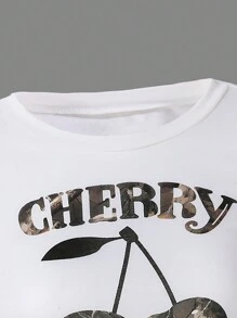 SHEIN Explorewe Girls Cool Cherry Graphic Top Paired With Digital Printed Cargo Pants, Casual Street Fashion - Khaki - View 3