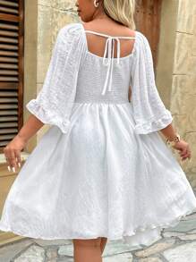 DreamSkyne Plus Size Women Solid Color Deep Shirred Lace Trim Flare Sleeve A-Line Backless Vacation White Dress - White - View 2