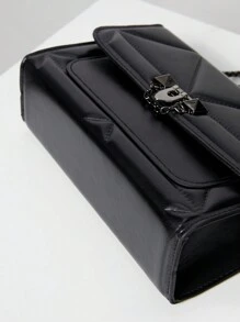 1 件简约时尚黑色方形包锁扣翻盖开口金属链条单肩包适合女性日常休闲使用 - 黑色 - 查看 6