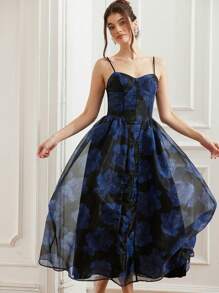 Aveloria Rosie Abito elegante da donna in organza con maniche lunghe senza maniche, stampa floreale, orlo a tulipano, adatto per cocktail festa, vacanze, compleanni, occasioni speciali