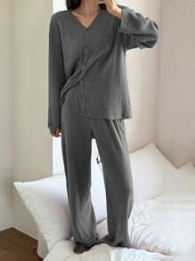 DAZY Simple Stripe Texture Flannel Spring Women Pajama Sets Fall,Winter Clothes