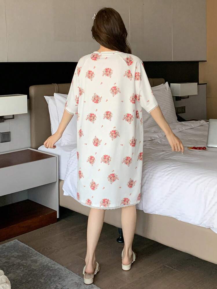 Women's Round Neck Short Sleeve Floral All-Over Print Casual Nightgown Pajama
