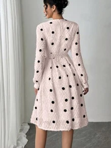 Chiquease Sự thanh lịch của Pháp, Cảm giác cao cấp, Hương thơm nhẹ, Thêu khối màu, Thiết kế chấm bi, Thắt eo, Mùa cưới, Tiệc ngoài vườn, Công chúa, Người thượng lưu, Tiệc tối, Váy, Mùa xuân và mùa hè, Hồng nhạt, Cổ chữ V, Váy nữ - Màu Hồng baby - Xem 2