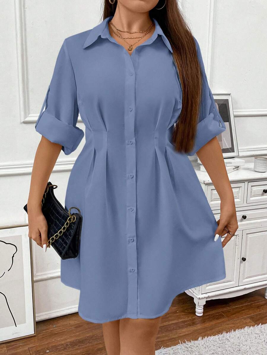 SHEIN Clasi Plus Size Solid Color Simple Fashion Casual Everyday Dress - Dusty Blue - View 1