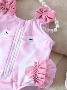 Newborn Baby Pink Zip-Up One-Piece Swimsuit With Cute 3D Bow Decoration