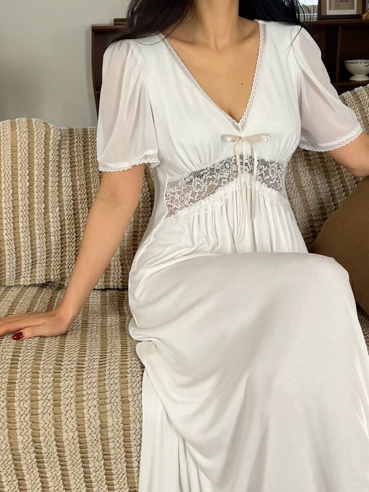 Waist Cinched Lace Panel Semi-Sheer Puff Sleeve Nightgown Pajama
