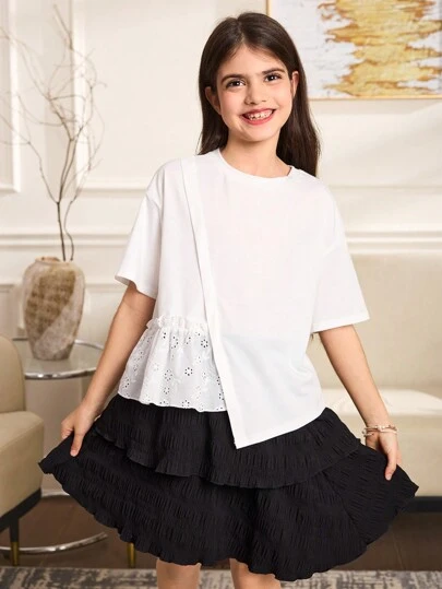 SHEIN Leap Crew Tween Girl 休闲度假白色针织纯色拼布镂空刺绣不对称下摆宽松圆领短袖 T 恤
