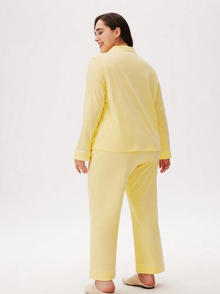 Plus Cotton Button-Up Top & Pants PJ Set