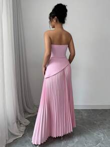 Elenzga Đầm suông không tay xếp ly eo màu trơn thanh lịch cho nữ đi nghỉ và đi làm - Hồng - Xem 2