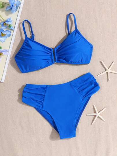 SHEIN Tween Girls Solid Color Metal Decor U-Neck Camisole Bikini Swimwear Set