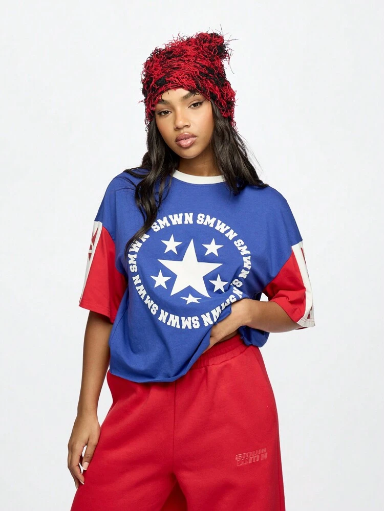SUMWON WOMEN Oversize-T-Shirt im College-Stil mit Grafik und Stern-Logo