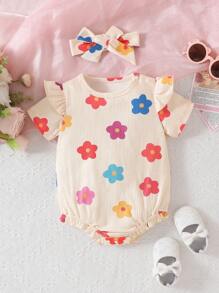 2件套婴儿女童圆领荷叶边彩色碎花短袖连体衣，配发带，可爱舒适，适合春、夏、秋季穿着。 - 彩色 - 查看 6